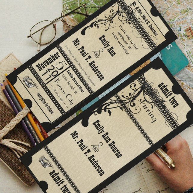 Black Old Hollywood Ticket Wedding Invitation (Creator Uploaded)