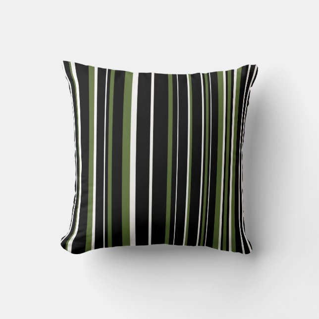 Black, Olive Green, and White Barcode Stripe Cushion (Front)
