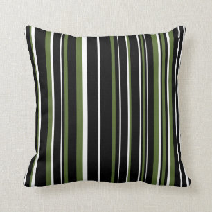 Black, Olive Green, and White Barcode Stripe Cushion