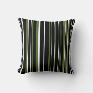 Black, Olive Green, and White Barcode Stripe Cushion