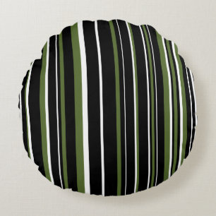 Black, Olive Green, and White Barcode Stripe Round Cushion