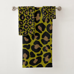 black &olive green Animal print leopard  Bath Towel Set