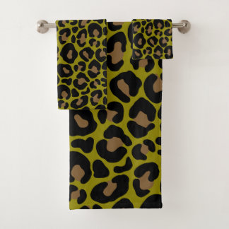 black &olive green Animal print leopard Bath Towel Set