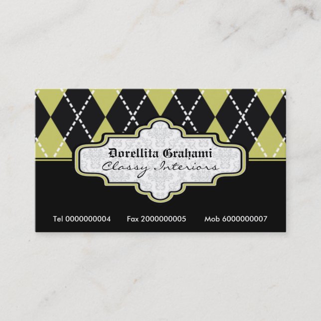 Black olive green white argyle trendy business card (Front)
