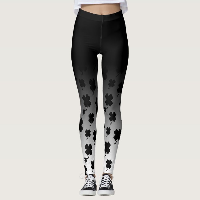 Black Ombre & Black On White 4 Leaf Clover Leggings (Front)