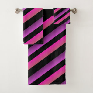 Black Ombre Rainbow Stripes Hot Pink Purple Bath Towel Set