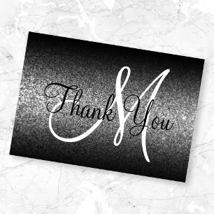 Black Ombre Silver Glitter Monogram Thank You Card