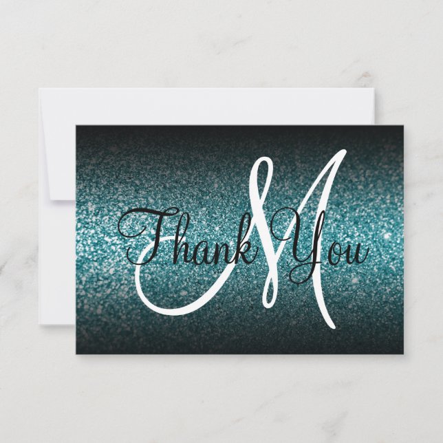 Black Ombre Teal Glitter Monogram Thank You Card (Front)