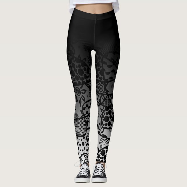 Black Ombre w/ Black & White Pattern Abstract 3 Leggings (Front)