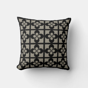 Black on Aluminium Silver Grey Geometric Floral Cushion