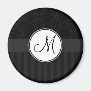 Black on Black Damask and Stripes with Monogram Magnet
