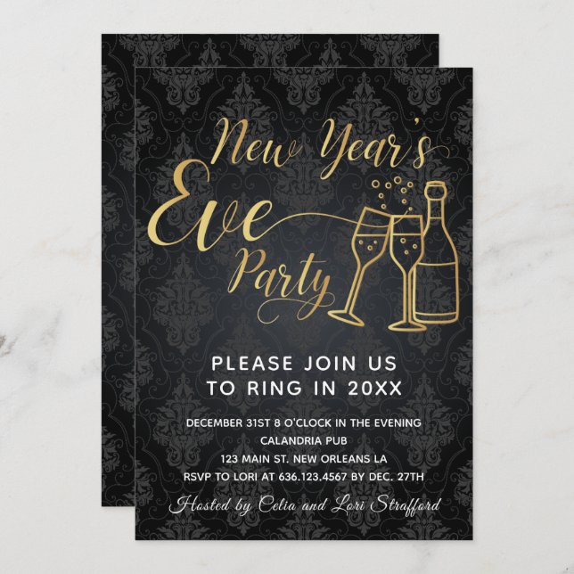 Black On Black Damask New Year's Eve Party Invitation (Front/Back)