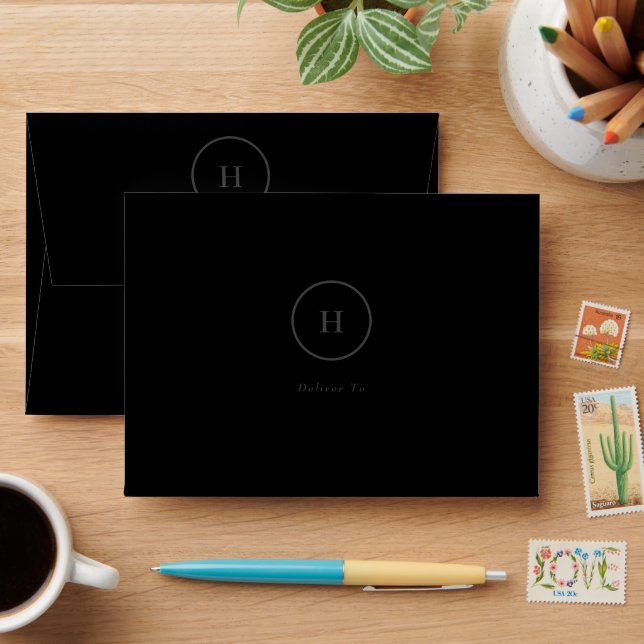 Black on Black Flower Wreath Wedding Invitation Envelope (Desk)