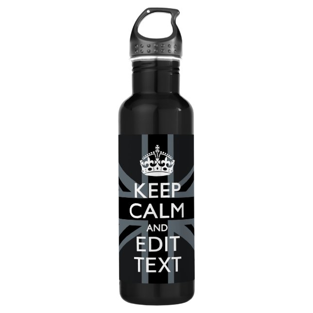 Black on Black  Keep Calm and Your Text Union Jack 710 Ml Water Bottle (Front)