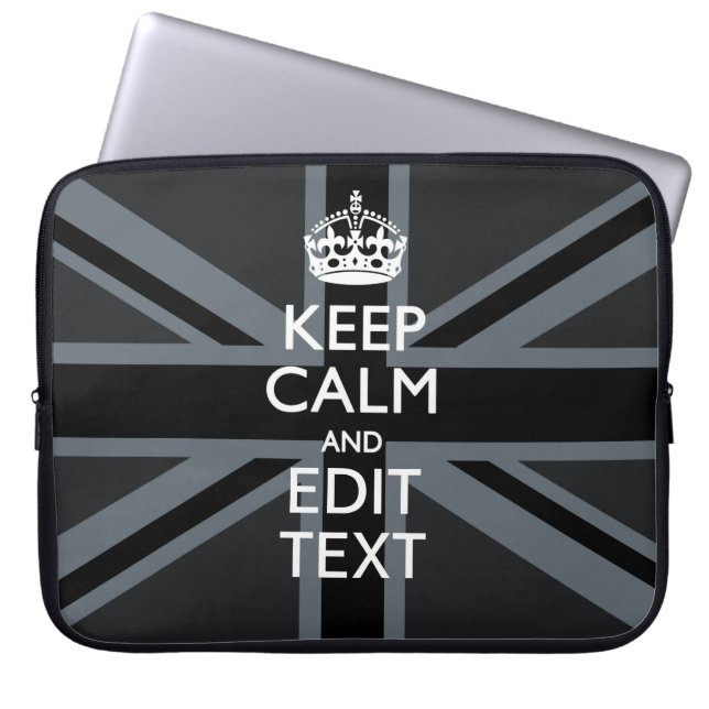 Black on Black  Keep Calm Personalised Union Jack Laptop Sleeve (Front)