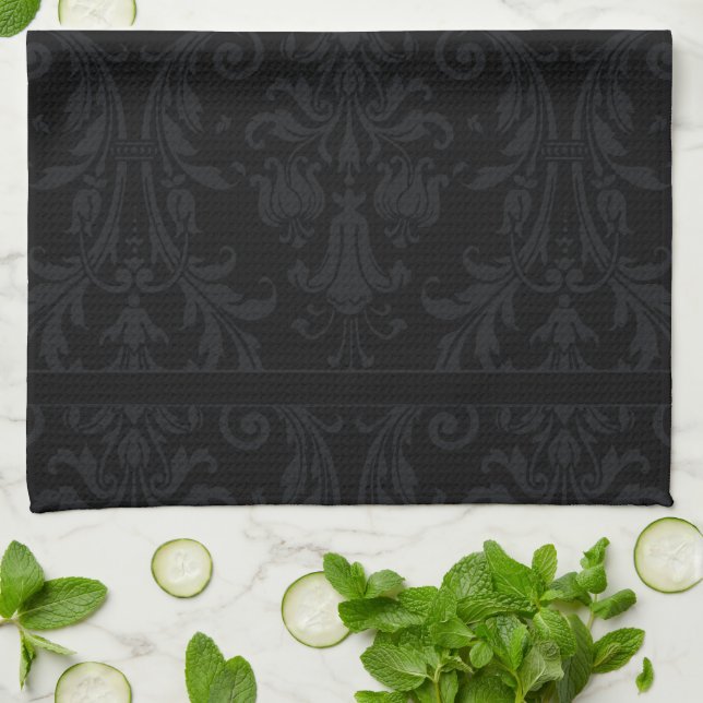 Black On Black Monogram Chic Floral Damask Swirls Tea Towel (Folded)
