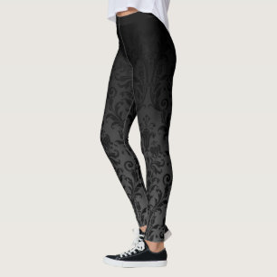 Black On Black Ombre Gradient Fade Floral Damask Leggings