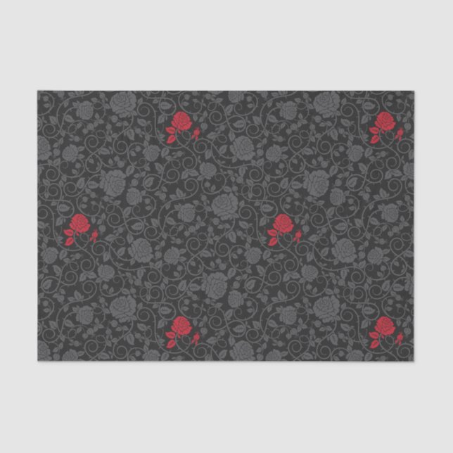 Black on Black Red Rose Modern Damask Floral Tissue Paper (Front)