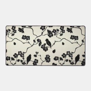 Black on Bronze Pattern Birds and Cherry Blossoms Desk Mat