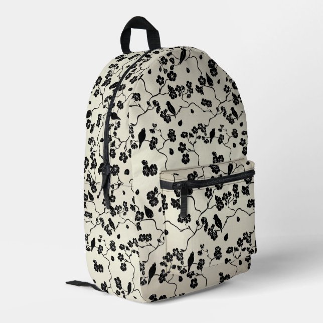 Black on Bronze Pattern Birds and Cherry Blossoms Printed Backpack (Back Corner Left)