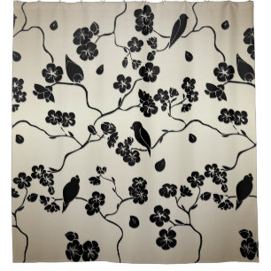 Black on Bronze Pattern Birds and Cherry Blossoms Shower Curtain