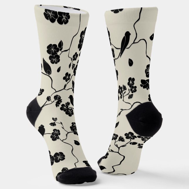 Black on Bronze Pattern Birds and Cherry Blossoms Socks (Angled)