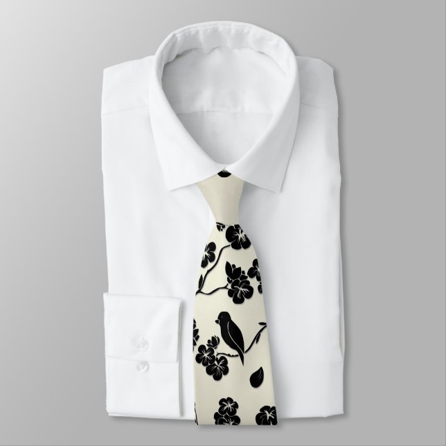 Black on Bronze Pattern Birds and Cherry Blossoms Tie (Tied)