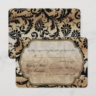 Black on Gold Damask Swirls Wedding RSVP Card
