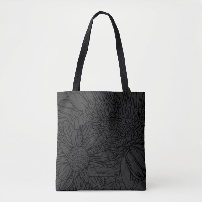 Black on Grey with Name and Chrysanthemums Tote Bag (Front)