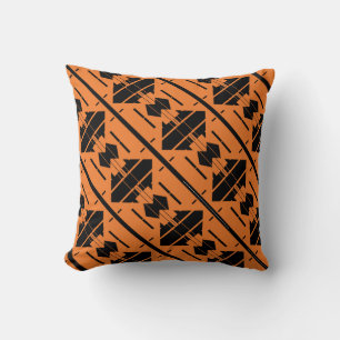 Black on Orange Diagonal Repeating Small Shapes Cushion