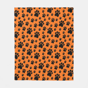 Black on Orange Heart Paw Print  Fleece Blanket