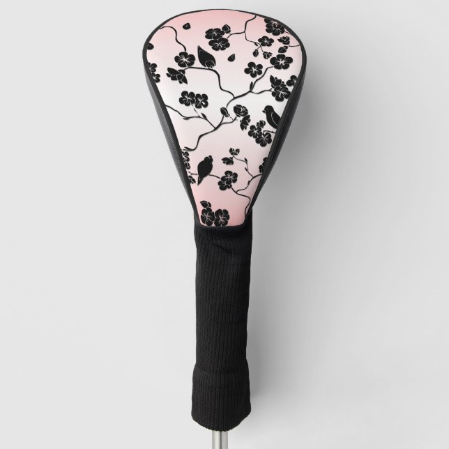 Black on Pink Pattern Birds and Cherry Blossoms  Golf Head Cover (Front)
