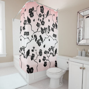 Black on Pink Pattern Birds and Cherry Blossoms Shower Curtain