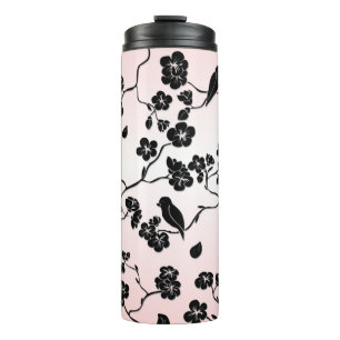 Black on Pink Pattern Birds and Cherry Blossoms Thermal Tumbler