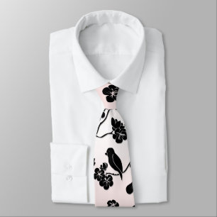 Black on Pink Pattern Birds and Cherry Blossoms Tie