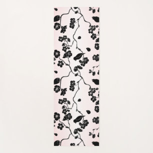 Black on Pink Pattern Birds and Cherry Blossoms Yoga Mat