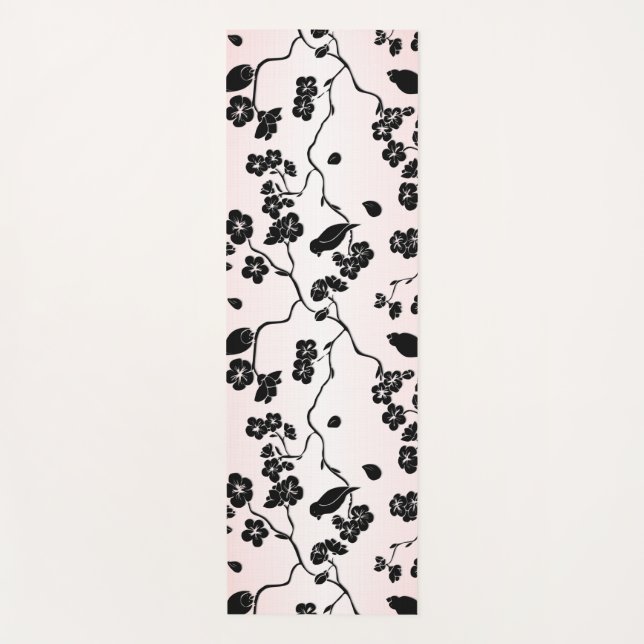 Black on Pink Pattern Birds and Cherry Blossoms  Yoga Mat (Front)