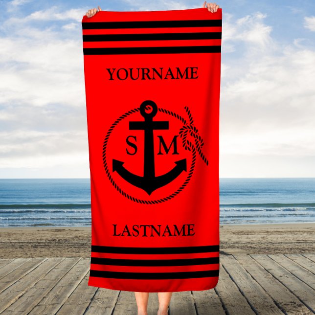 Black on Red Anchor Rope Personalised Beach Towel (Creator Uploaded)