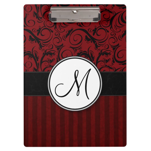 Black on Red Floral Wisps & Stripes with Monogram Clipboard (Front)