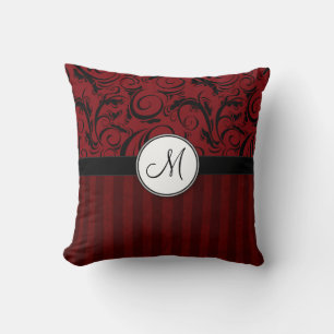 Black on Red Floral Wisps & Stripes with Monogram Cushion