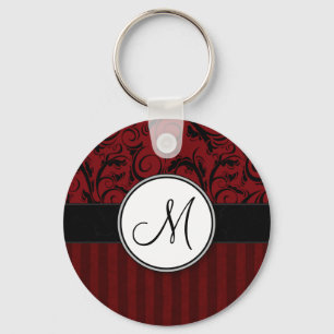 Black on Red Floral Wisps & Stripes with Monogram Key Ring