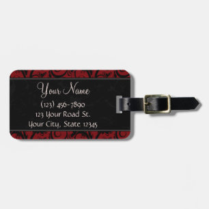 Black on Red Floral Wisps & Stripes with Monogram Luggage Tag