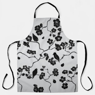 Black on Silver Pattern Birds and Cherry Blossoms Apron