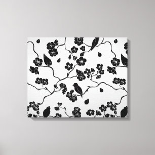 Black on Silver Pattern Birds and Cherry Blossoms Canvas Print