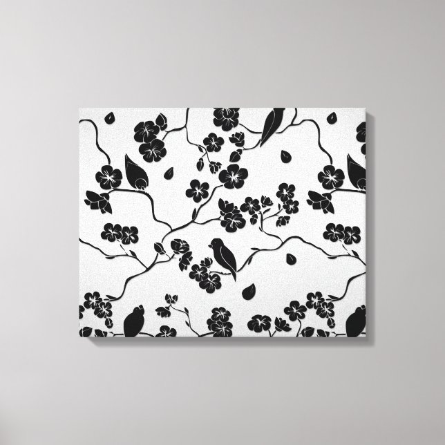 Black on Silver Pattern Birds and Cherry Blossoms Canvas Print (Front)