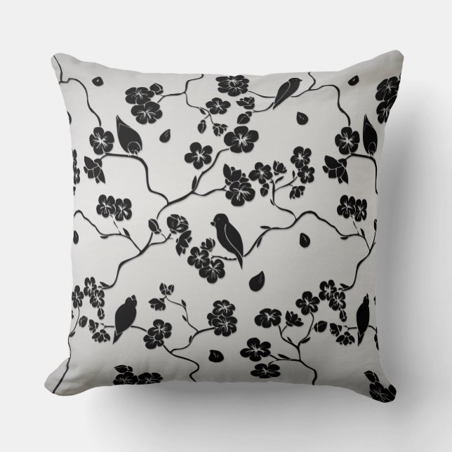 Black on Silver Pattern Birds and Cherry Blossoms Cushion (Front)