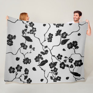 Black on Silver Pattern Birds and Cherry Blossoms Fleece Blanket