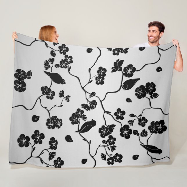 Black on Silver Pattern Birds and Cherry Blossoms Fleece Blanket (In Situ)