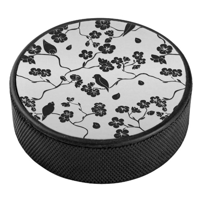 Black on Silver Pattern Birds and Cherry Blossoms  Hockey Puck (3/4)