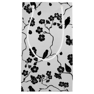 Black on Silver Pattern Birds and Cherry Blossoms Small Gift Bag